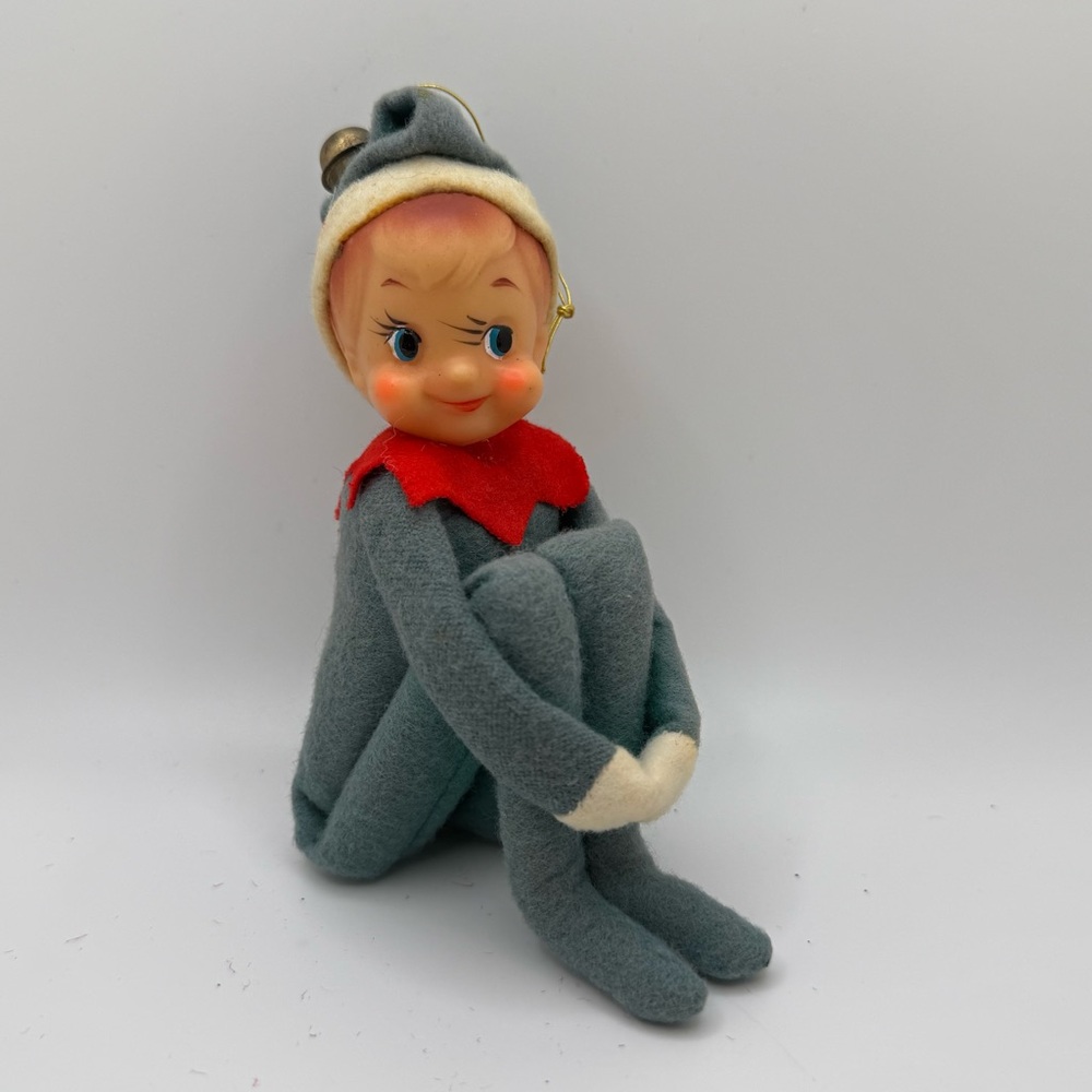 Vintage Knee Hugger Elf Ornament Made in Japan Flocked Pixie Christmas 6”